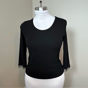 CASUAL CORNER Black Festive Fitted Beaded 3/4 Sleeve Top Size Medium